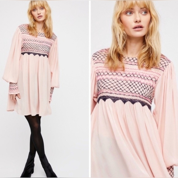 Free People Pink Long Sleeve Smocked Mini Shift Dress Size Small - Picture 7 of 7
